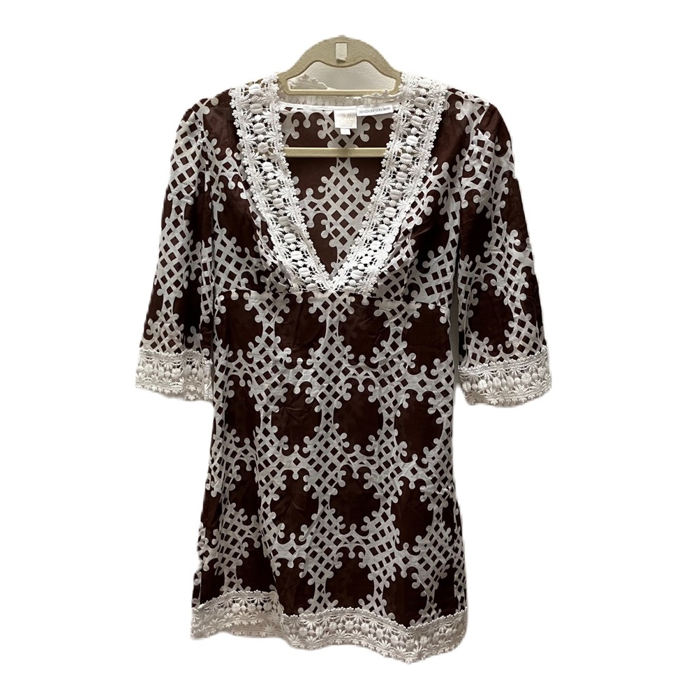 Milly Cabana Crochet Mini Beach Cover-up - Brown and White - Size Small